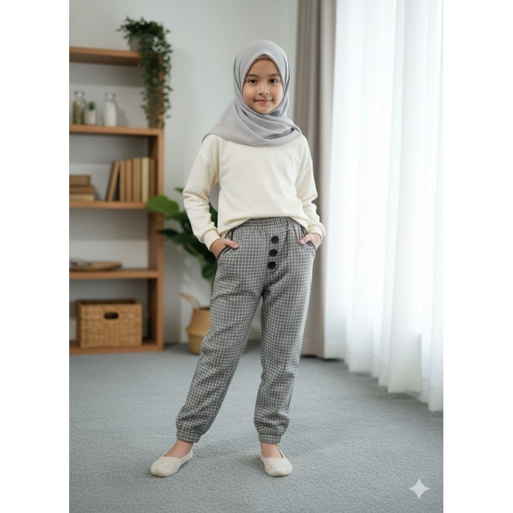 Celana Anak Perempuan Tanggung Baggy  Tartan Kekinian,Banyak Variasi Model