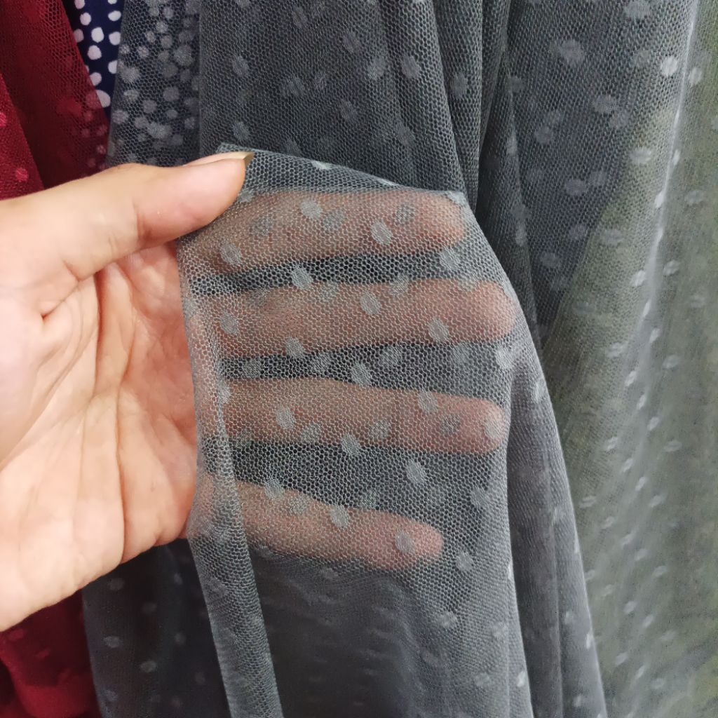 Kain Tile Bintik Tulle Dot Korea Premium Abu Tua | Bahan Brokat Kebaya, Rok Tutu, Gaun Pengantin (Ha