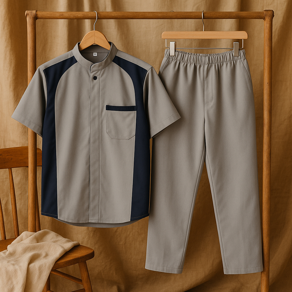 Kurta Baju Koko Anak Laki-Laki Warna Abu Kombinasi Navy – Setelan Muslim Anak Modern Nyaman