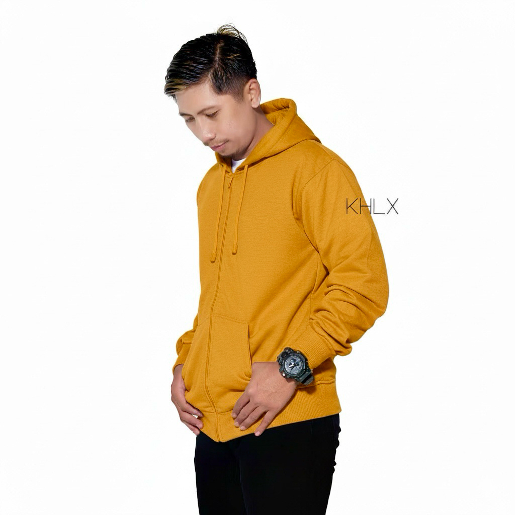 Hoodie polos zipper dewasa Jaket Hodie Ziper Polos mustrad kuning kunyit L,XL,XXL pria wanita kahl