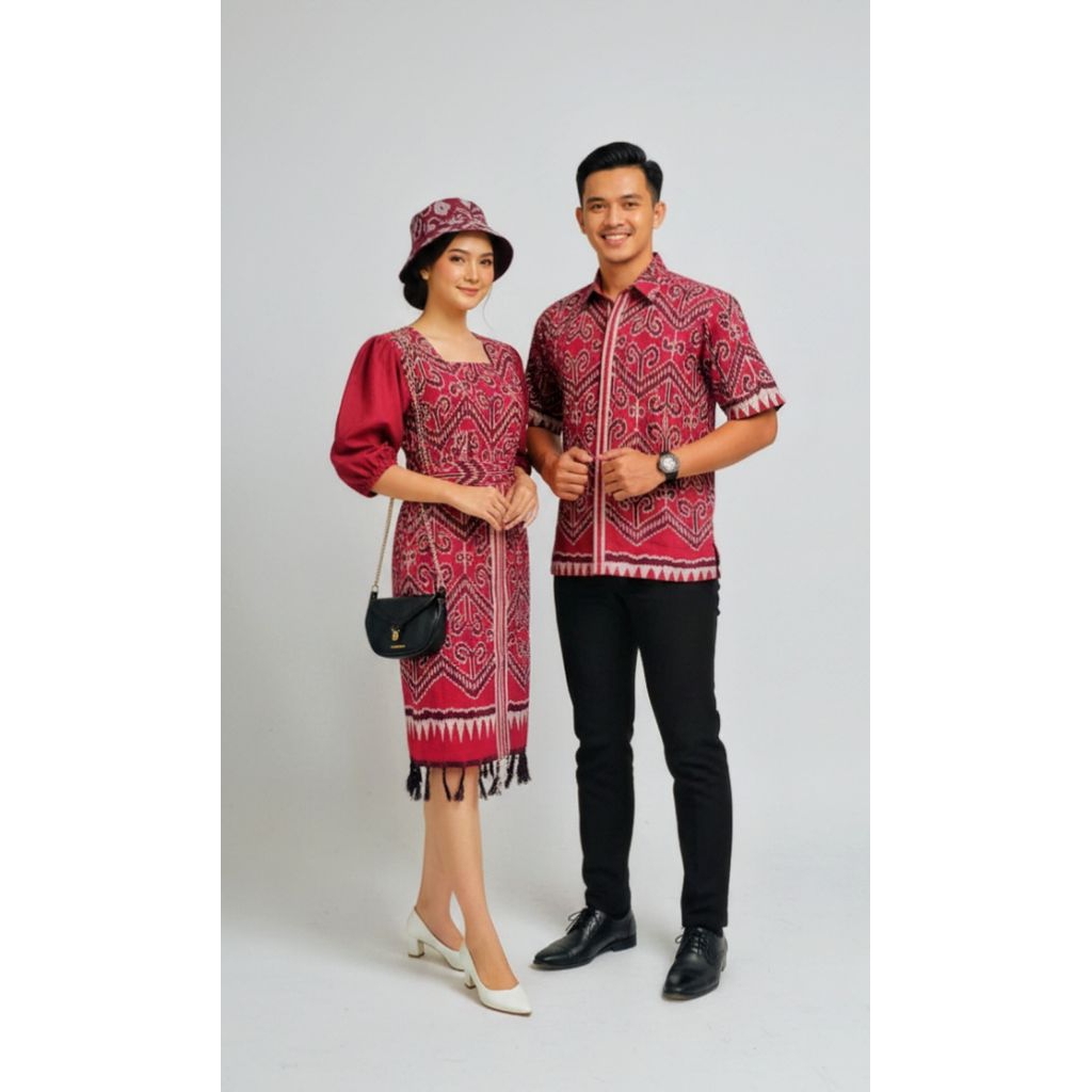BAJU COUPLE TENUN BLANGKET PREMIUM MOTIF KALIMANTAN MERAH STYLE ETNIK