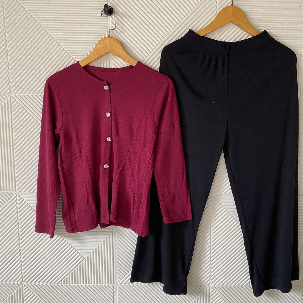 Shabhira - Setelan Celana Panjang Knit Wanita / One Set Kania Kancing Lengan Panjang Korean Style