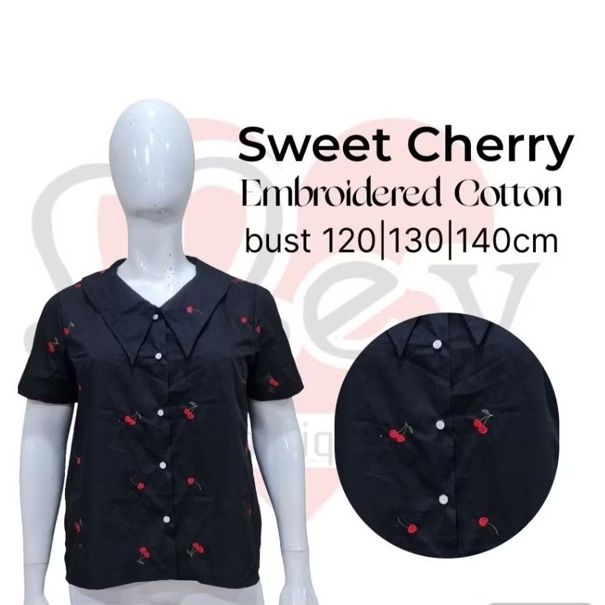 blus atasan katun poplin hitam bordir cherry bigsize jumbo