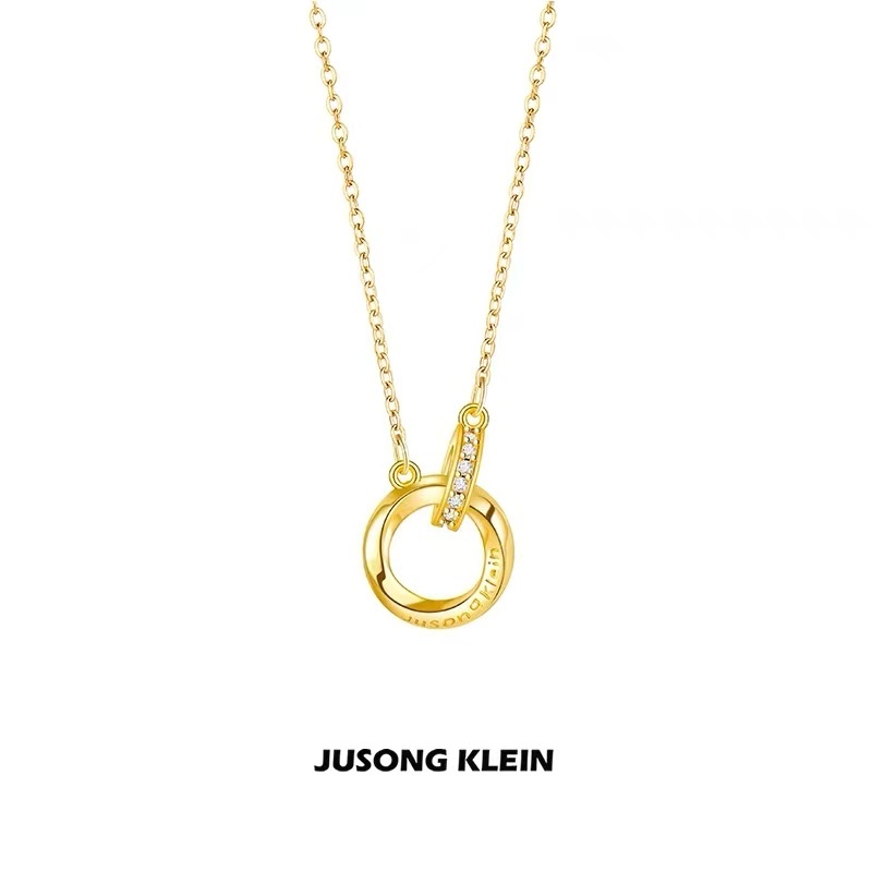 JUSONG KLEIN Kalung Titanium Desain Orisinil - Kalung Lingkaran Ganda Mobius Emas, Kalung Leher Mewa