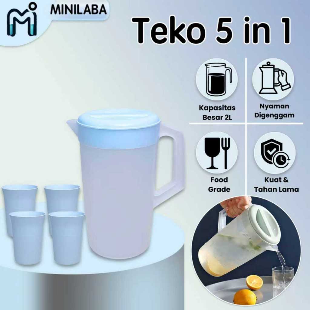 MINILABA Teko 5 In 1 Teko Beranak dengan Gelas Teko Set Plastik 5 in 1 Tempat Air Minum 2 Liter Gela