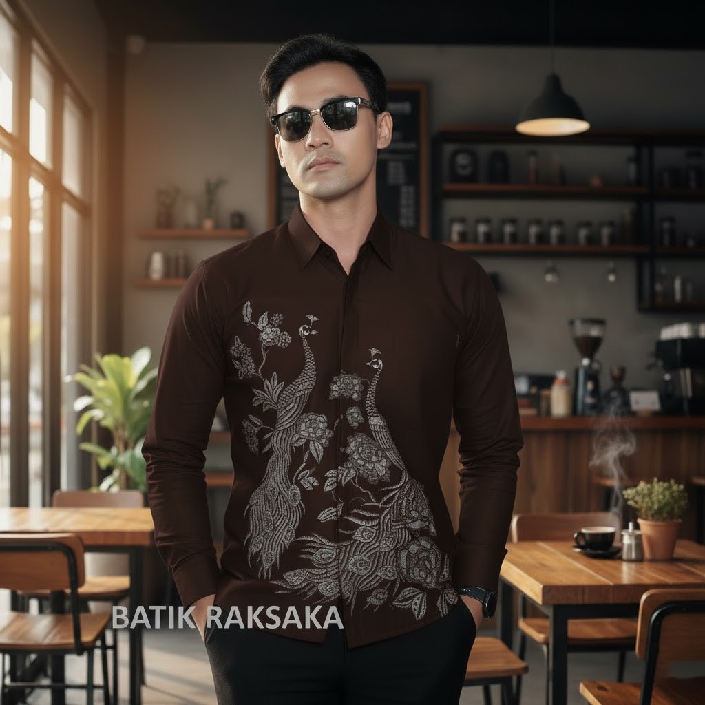 Coklat Mahogany Kemeja Batik Pria Cowok Slimfit Premium Motif INDRA Full Furing Baju Lengan Panjang 