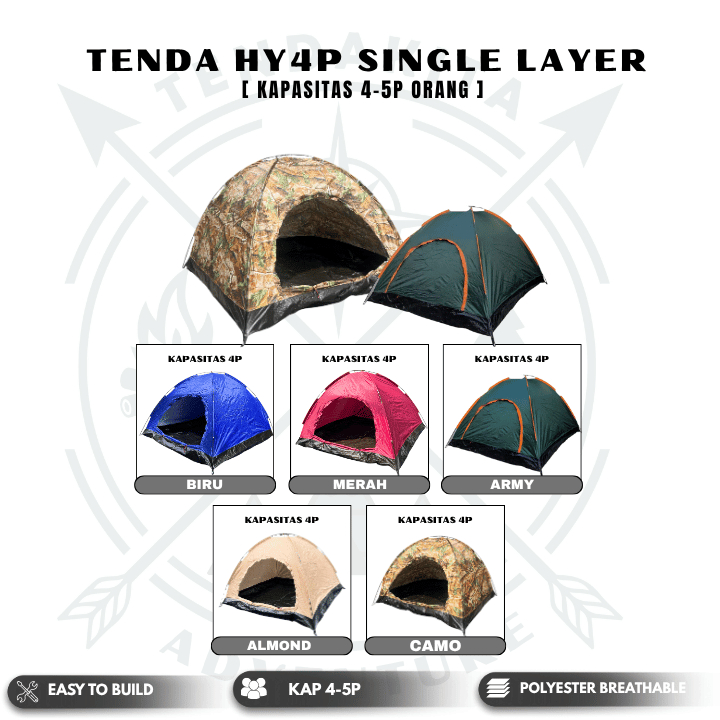 Tenda Camping Gunung HY Monodome Waterproof Single Layer 4P Tent Outdoor Frame Fiber