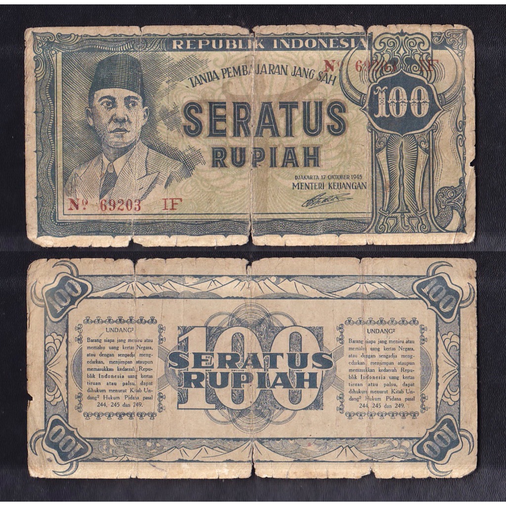 Uang kono 100 rupiah tahun 1945 #seri Oeang Repoeblik Indonesia (ORI-I)