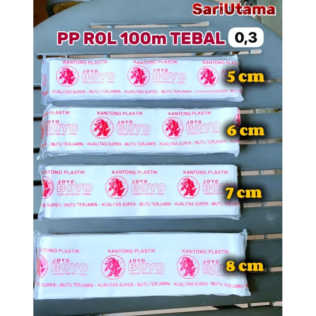Boyo Plastik PP Rol Bening Tebal 0,3 Lebar 5 6 7  8  9 10 11 12 14 15 cm Panjang 100 meter