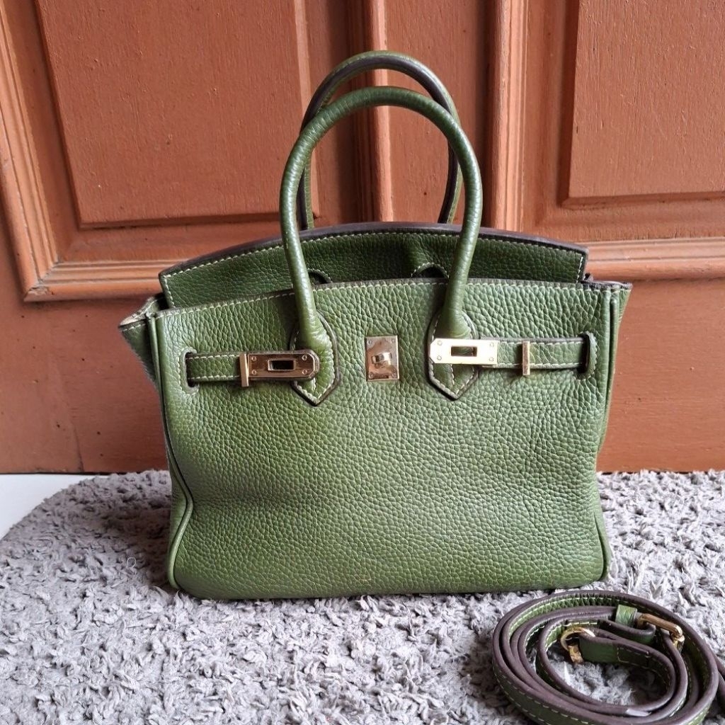Top Handle Medium Hijau Army, Tas Kulit Sapi Asli