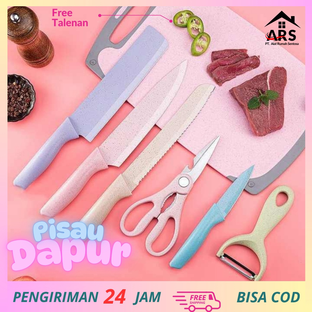 ARS - Pisau Dapur Estetik Warna Pastel Set Lengkap / Pisau Serbaguna Pisau Dapur Set 7 in 1 Bahan St