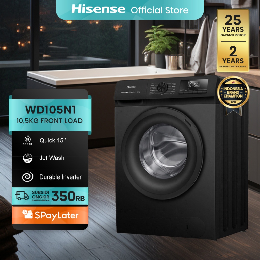 Hisense Mesin Cuci WD105N1 Front Loading Kapasitas 10.5KG 1 Tabung Bukaan Depan Active Water Plus AI