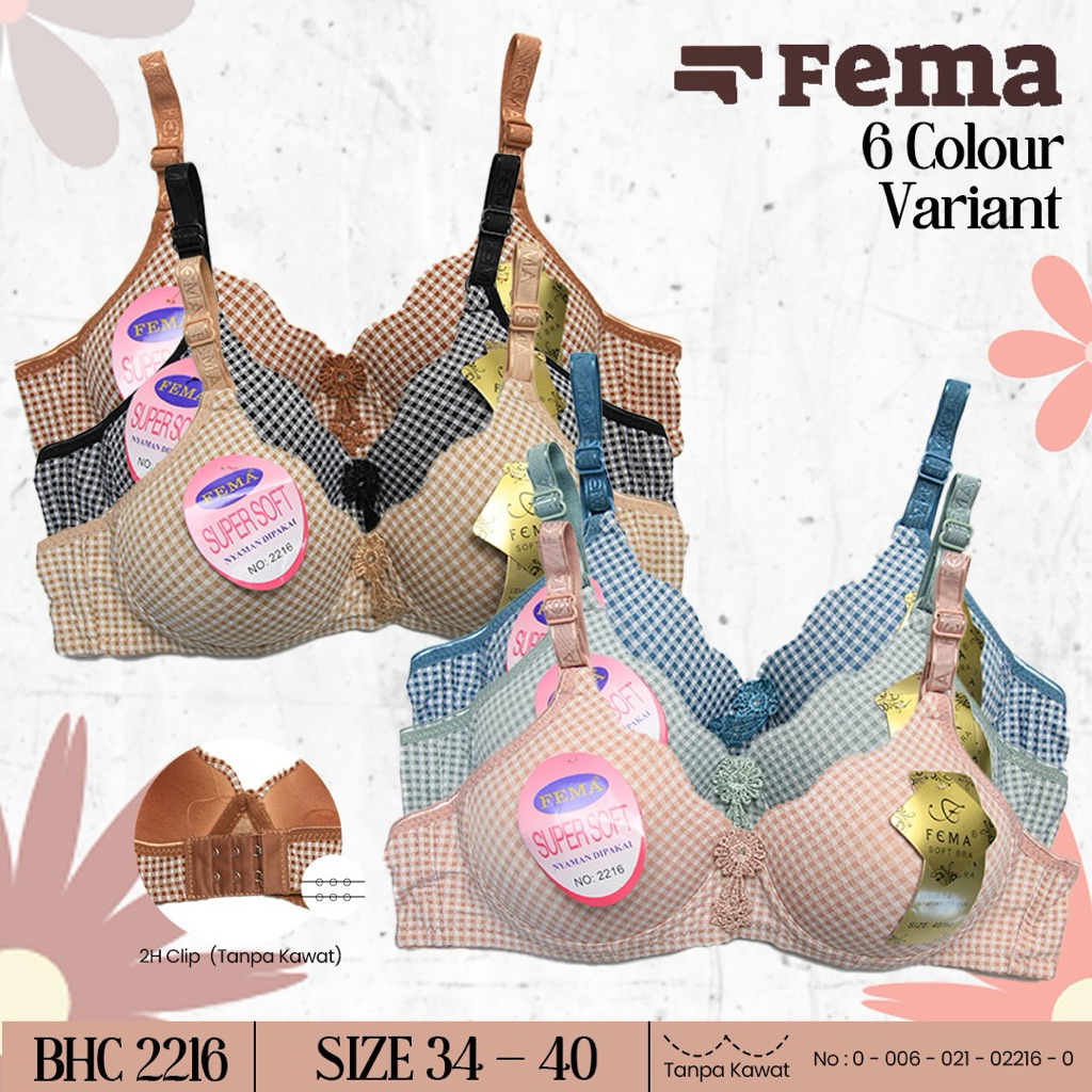 BH Bra Tanpa Kawat Wanita Fema 2216 Pengait Hak 2 Motif Square Size 34 36 38 40