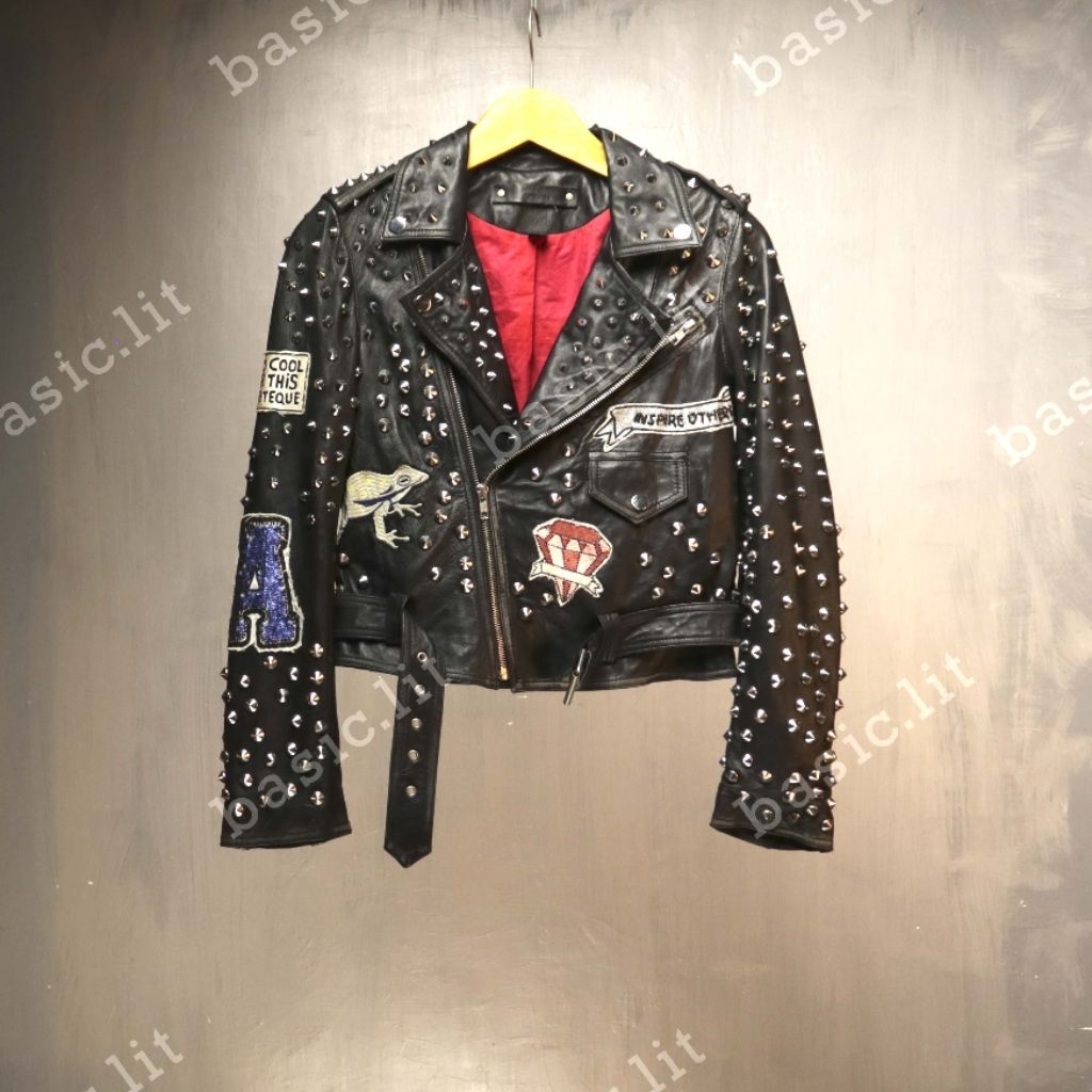 Zzara studded patches ramones biker leather jacket tiger series