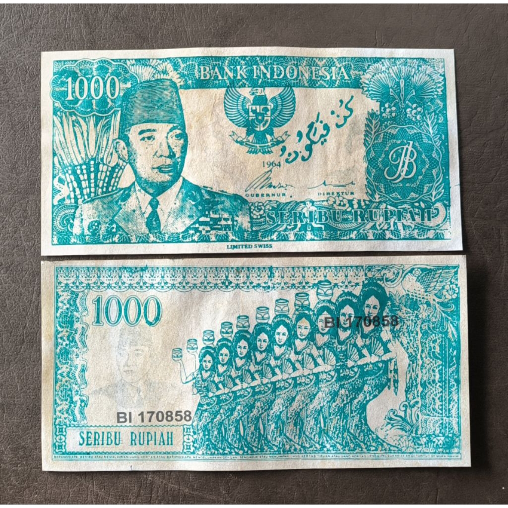 uang souvenir 1.000 Sukarno melengkung 1964 gambar penari serimpi 9 miring warna hijau nyala UV pena