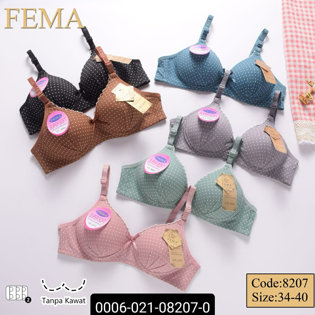 BH Bra Wanita Fema 8207 Pengait Hak 2 Tanpa Kawat Motif Polkadot Tutul Size 34 36 38 40
