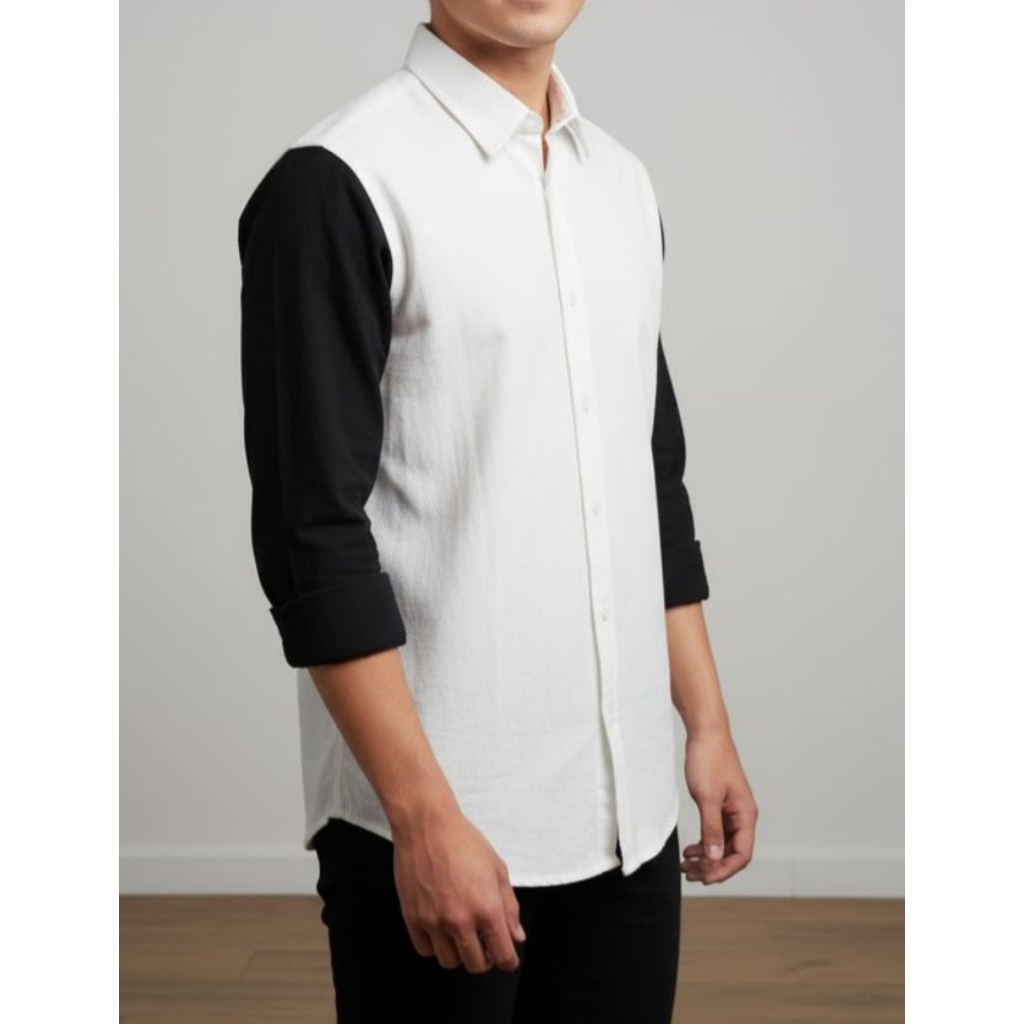Kemeja Pria Linen Lengan Panjang Kombinasi Hitam Putih