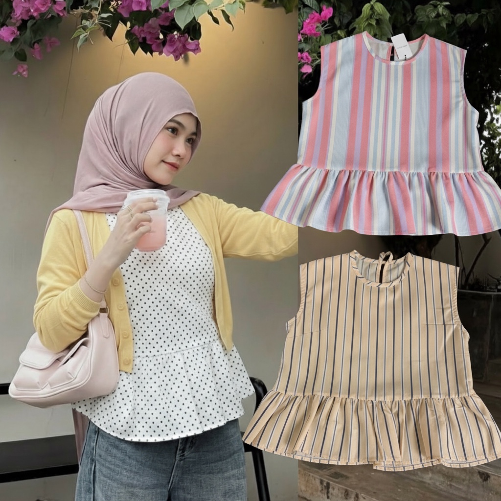 EXO Inner Stripe Polkadot Katun Lengan Buntung - Sleevesless Stripe - Dress Over Jeans Salur Linen P