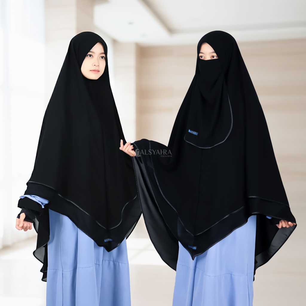 Alsyahra Exclusive - Set Khimar Syari Shofa Bisban 2 Layer Cadar Sifon Silk Jetblack Size XL