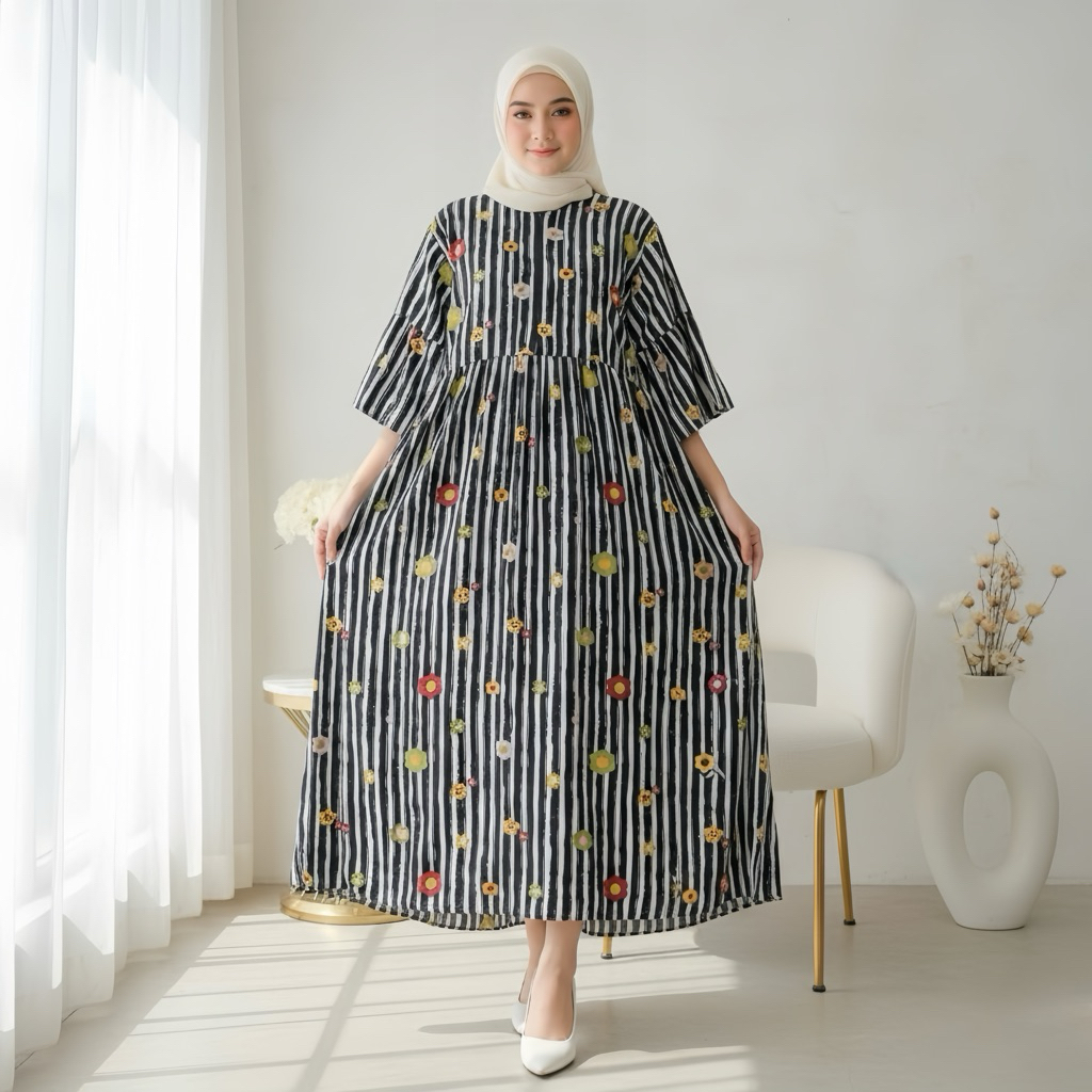 Pevita Dress Daster Terompet Rayon Kekinian Midi Lengan 3/4 Adem Busui Muslim Nyaman Santai