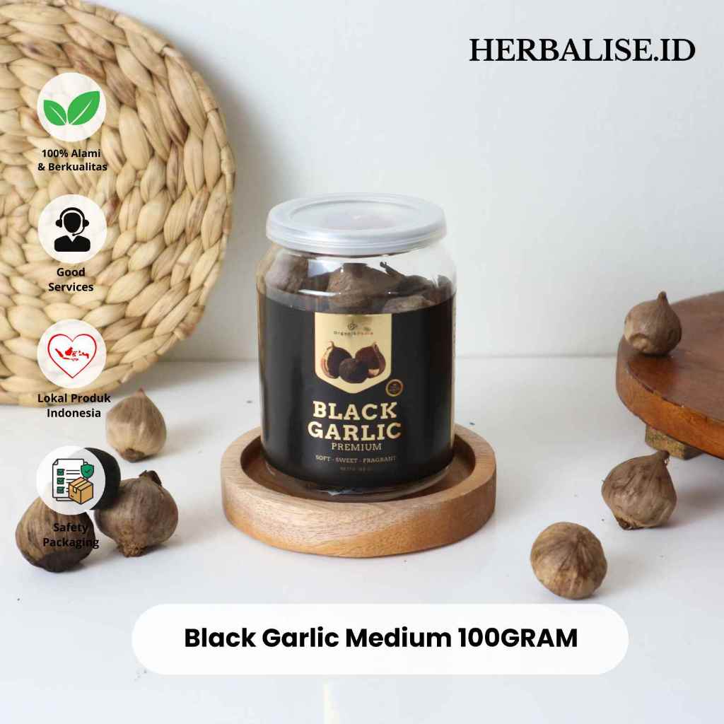 Black Garlic Medium Fermentasi Alami 100 Gram Kemasan Botol Bawang Putih Tunggal 100gram