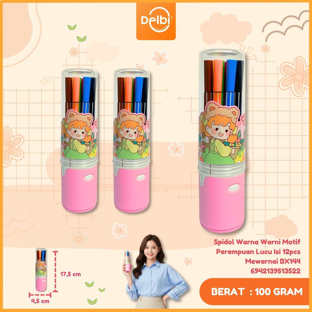 (W51-2) Spidol Warna Warni Motif Perempuan Lucu Isi 12pcs Mewarnai