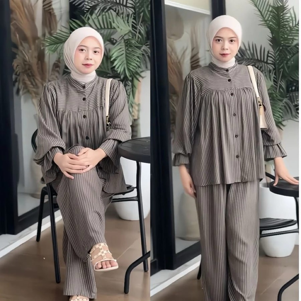 Naima Onset Blouse Kancing Tangan karet dan Celana Kulot Jumbo Rayon Motif Baju Dewasa Wanita OneSet