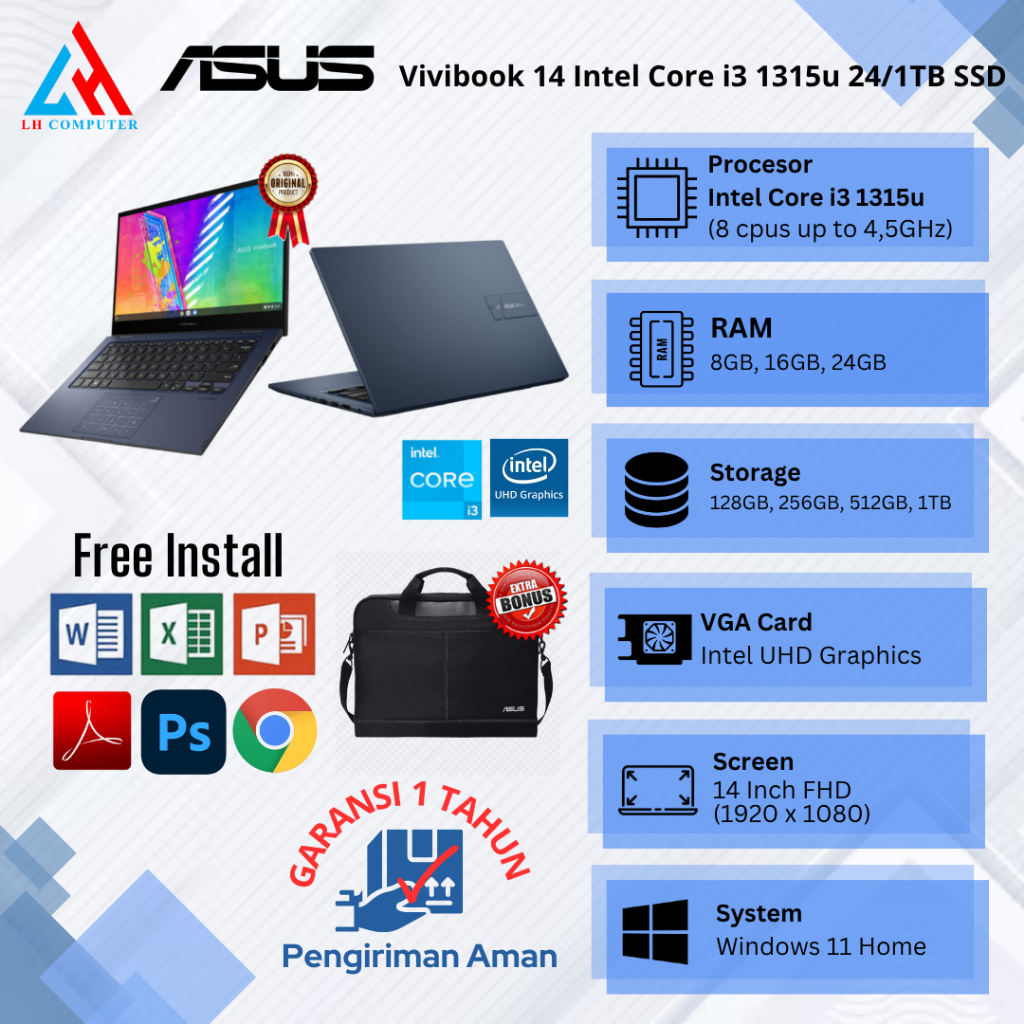 Laptop Baru Asus Vivobook 14  Intel Core i3 1315u (Gen13) | Intel Core i5 1334u (Gen13) Ssd 24/1TB