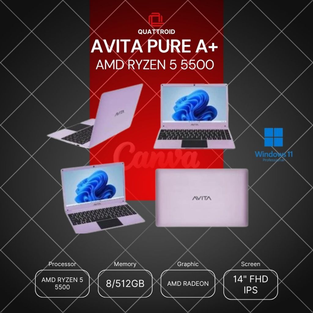 LAPTOP GAMING MURAH AVITA PURA A+ RYZEN 5 5500 8GB 512GB 14.0FHD