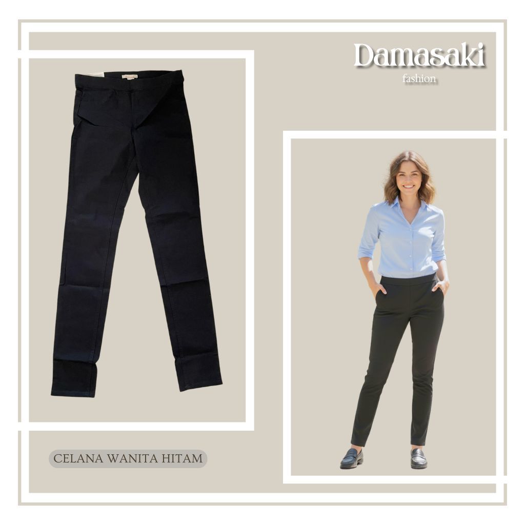 Celana Wanita Super Stretch Ankle-Length Pinggang Karet Hitam Trousers Slacks