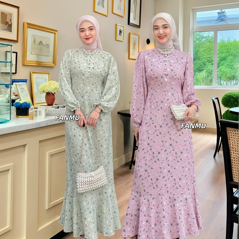 FANMU Floral Dress Muslim Kekinian Gamis Motif Bunga Daisy Vintage