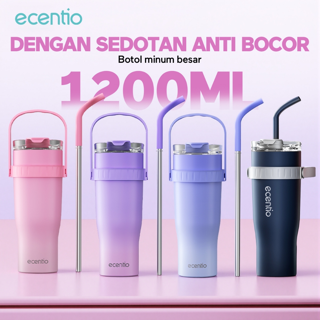 Ecentio Tumbler Biru Stainless 304 Botol Minum Besar 1200ML Tumblr Tahan Panas Dingin 24 jam Termos 