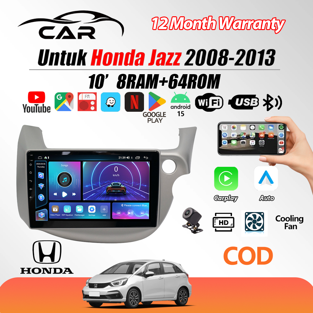 Untuk Honda Jazz 2008-2013 8G+64G Android 15 Head Unit 10 Inch IPS Screen Termasuk Frame  Soket PNP 