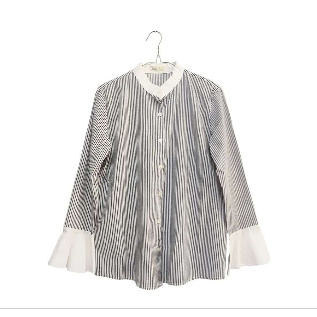 Blouse Kemeja Salur Putih Ruffle