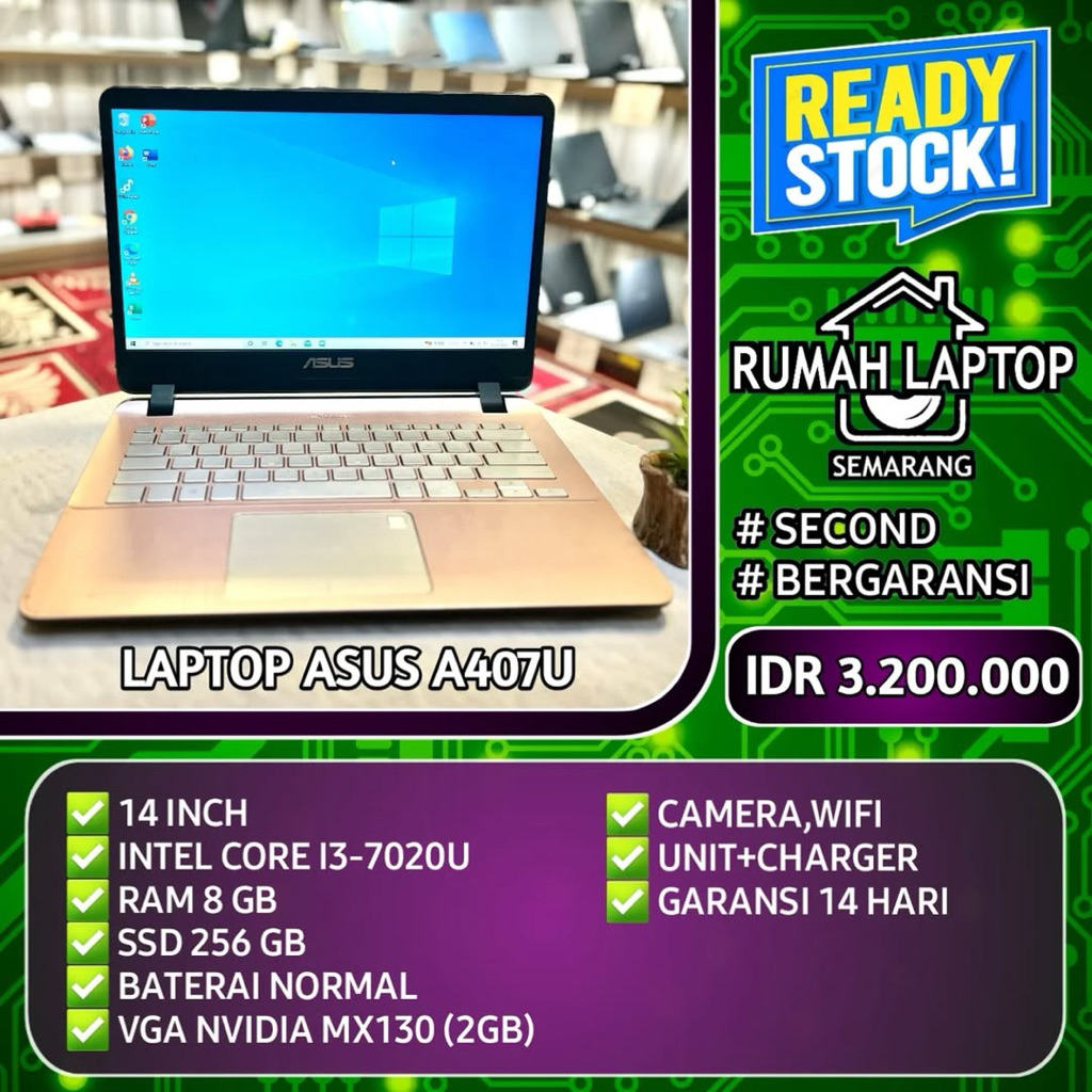 Laptop Asus A407U (second). Intel Core i3-7020U. RAM 8 GB. SSD 256 GB. VGA NVIDIA MX130 (2GB)