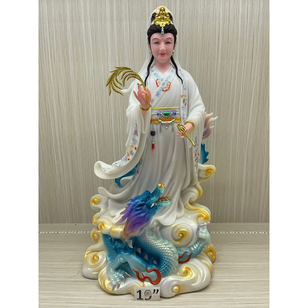 patung Dewi Kwanim berdiri diatas naga - guan yin injak naga 19in bahan marmer