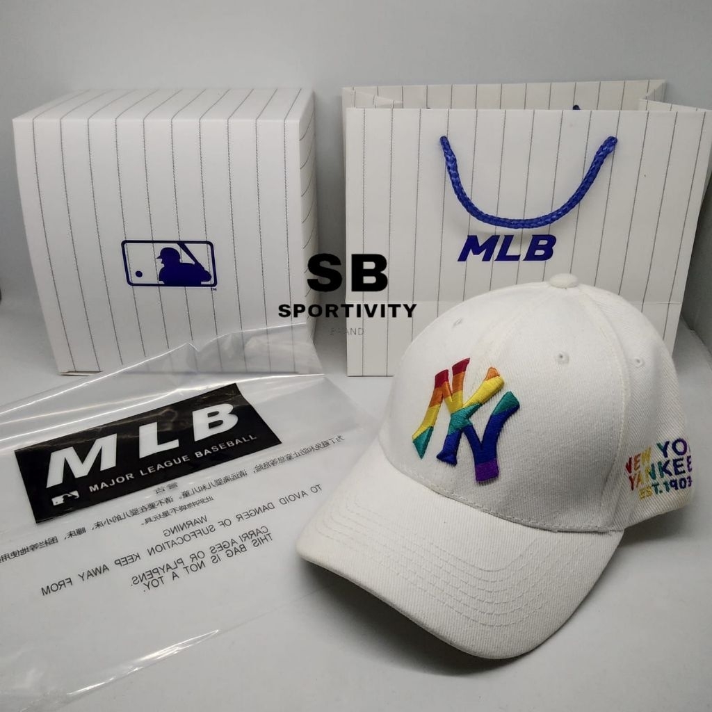 G-728 Topi Baseball MLB NY White Logo Rainbow