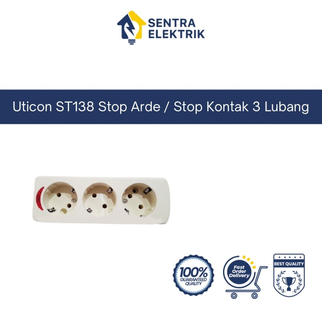 Sentra Listrik - Uticon ST138 Stop Arde / Stop Kontak 3 Lubang Warna Cream