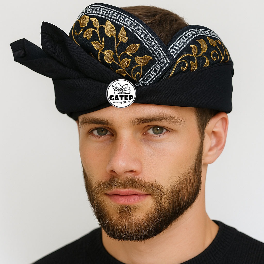 Udeng Bali Hitam Polos Motif Bunga Mas Lis Mesir Setengah Jadi / Iket Kepala Bali / Blangkon Bali / 