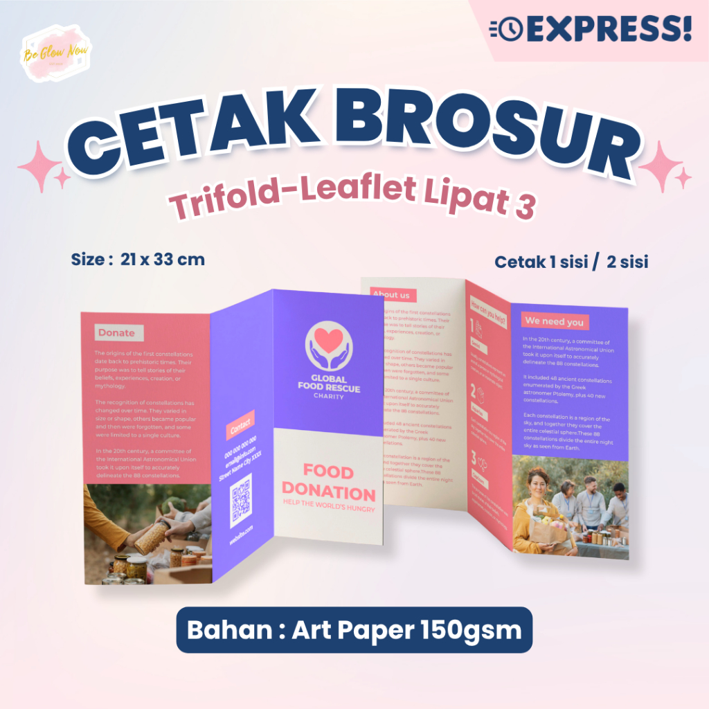 [50pcs-100pcs] Cetak Brosur Leaflet Trifold Lipat 3 ukuran F4 | Leaflet Custom Flyer 1 Sisi 2 Sisi B
