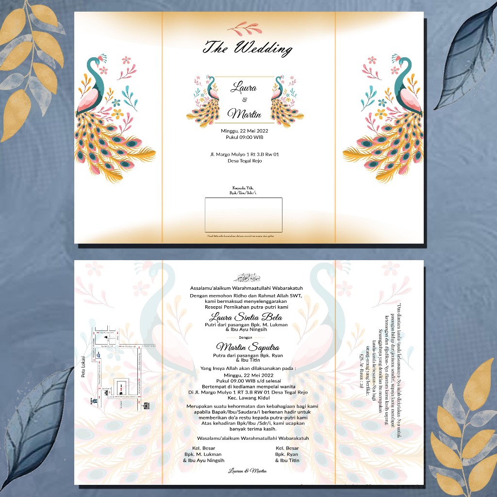 Undangan pernikahan lipat 3 desain merak simpel elegan 100pcs