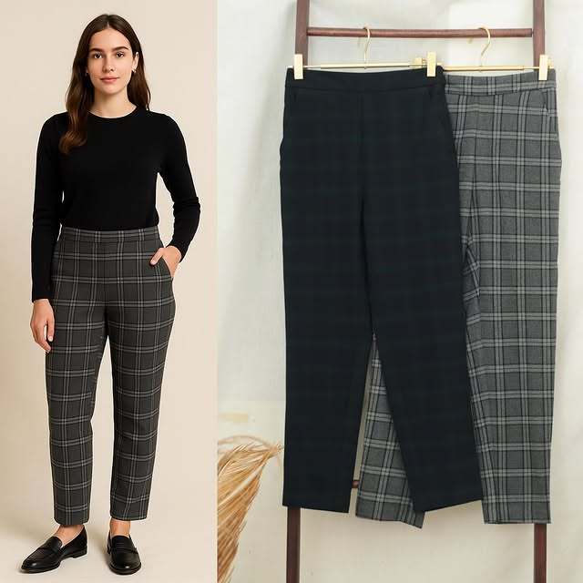 RE814  GU By UNQ Women Plaid Highwaist Ankle Pants U106