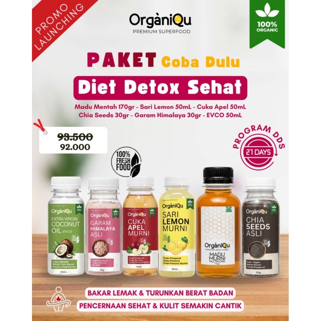 ORGANIQU DIET DETOX SEHAT - LEMON, CUKA APEL, CHIA SEED, EXTRA VIRGIN COCONUT OIL, MADU MULTIFLORA