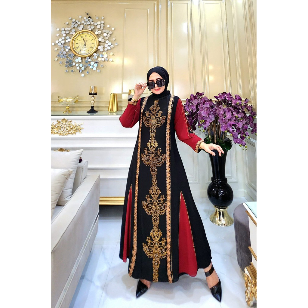 Abaya Turki Mewah Bahan Jersey Korea Mix Ceruty dengan Bordir Manual dan Hiasan Swarovski