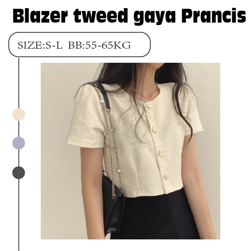 Blazer tweed gaya Prancis / Atasan tweed pendek wanita