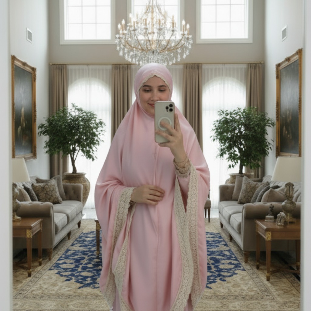 Mukena Dewasa Katun Premium 2 In 1 Renda Mewah warna Merah muda murah