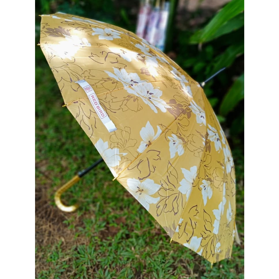 Payung Bahan Satin - Saten Red Bird - Motif Kembang - Payung Gagang Emas - Payung Motif Bunga