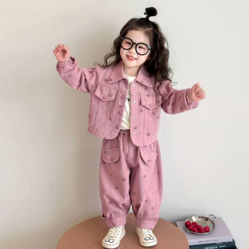 Setelan Anak Perempuan Korea Katun Bunga Manis Jaket Lengan Panjang Bahan Katun+Celana Panjang Baju 
