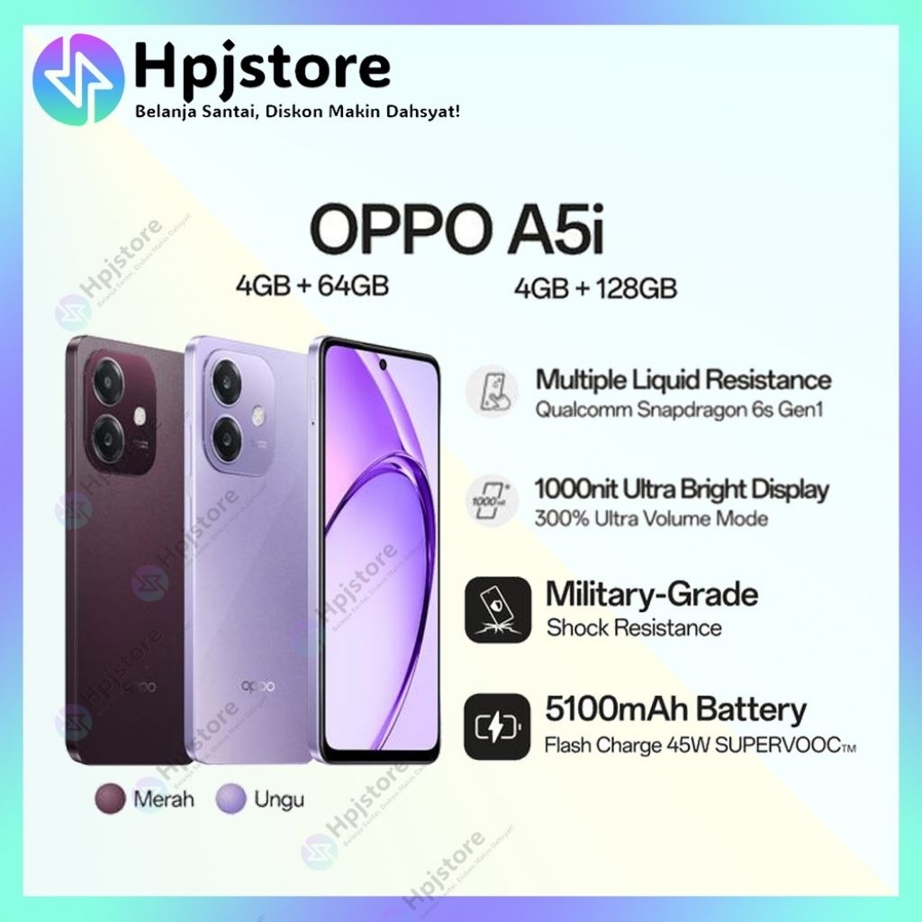 Oppo A5i RAM [4/64GB & 4/128GB] Spadragon 6s 4G Gen1 | 5100mAH + 45W | OS Android 14 - Garansi Resmi