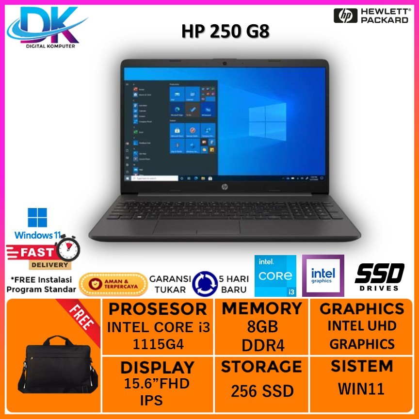 Laptop Hp 250 G8 Intel Core i3 1115G4 Ram 8b 256GB Ssd Windows 11 Ori 15.6 Full HD - NON PAKET, RAM 